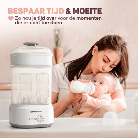 Vulpes Goods® Flaschen-Sterilisator - 5-in-1 Funktion - Mit Trocknungsfunktion & Warmhaltefunktion - Für Babyflaschen & Milchpumpen - BPA-frei - Kunststoff & Weiß