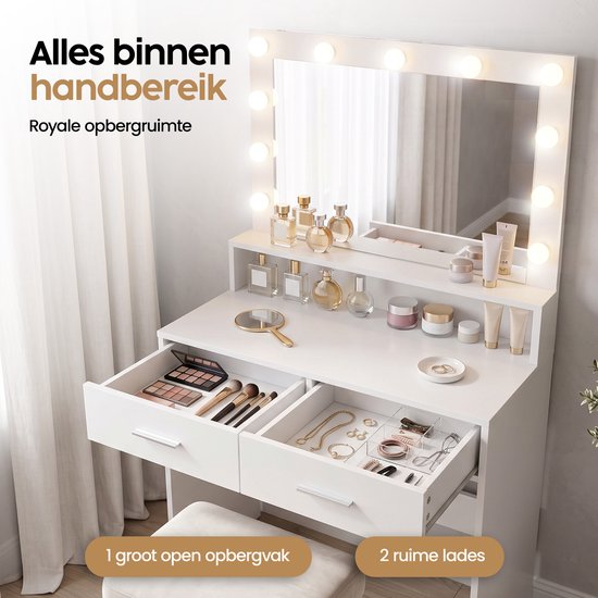 Infinity Goods Schminktisch – Make-up-Tisch – Mit Spiegel und 11 LED-Lampen – Viel Stauraum – Dimmbar – Weiß