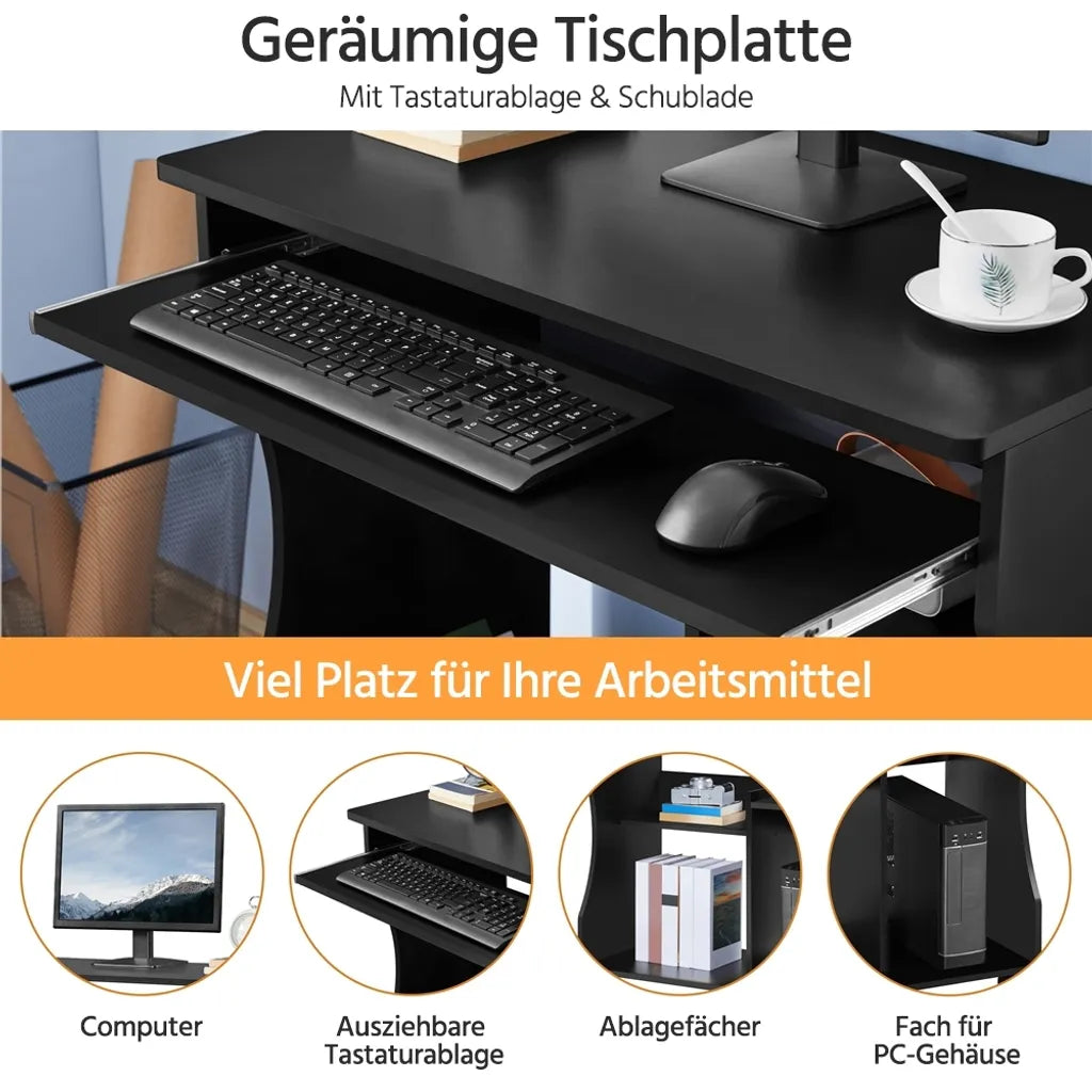 Yaheetech Computertisch mit Tastaturablage und Rollen – Schwarz – 80 x 48 x 76 cm