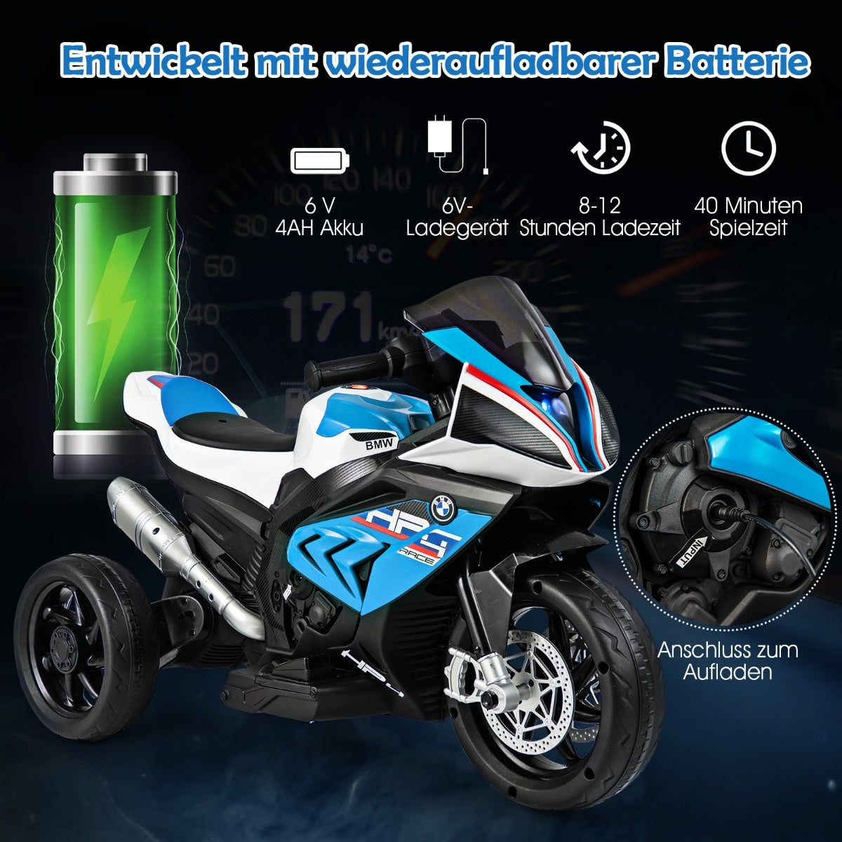 Coast 3-Rad-Motorrad kann mit Musik aufgeladen werden 82,5 x 42 x 54 cm blau