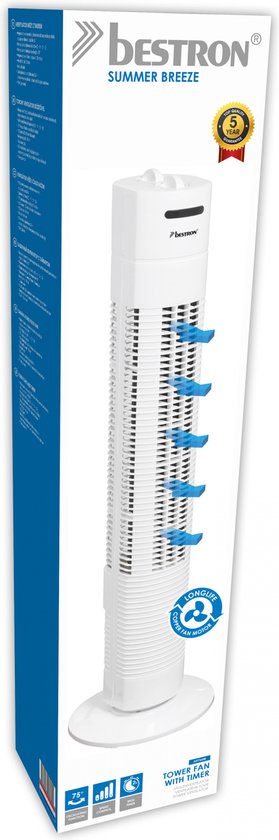 Bestron Turmventilator, Ventilator mit 3 Geschwindigkeitsstufen & 75° Grad Drehfunktion, inkl. Timer, Höhe: 78 cm, 35W, AFT760W, Farbe: weiß
