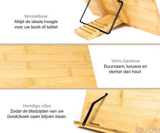 Budu Buchständer - Buchhalter - Buchständer Bambusholz - Tablet-Halter - Leseständer - Verstellbar (5 Positionen)