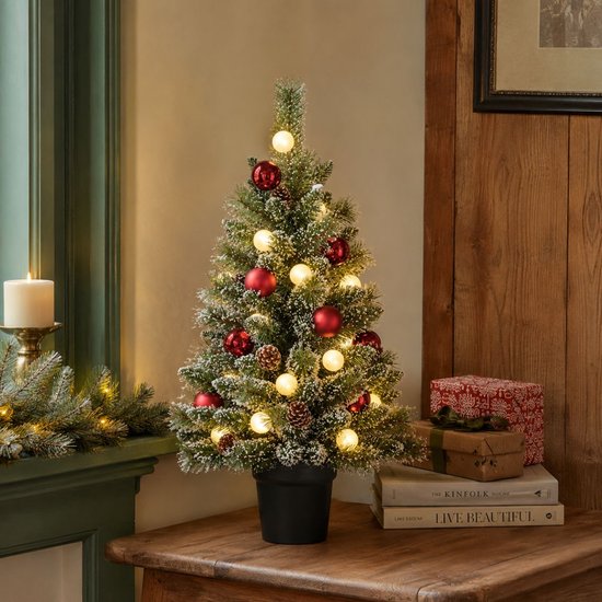 Black Box Trees Kaprun Kunstweihnachtsbaum mit Beleuchtung – Kunstweihnachtsbaum H 90 x Ø 51 cm – im Topf mit Dekoration – Grün, Rot, Frosted