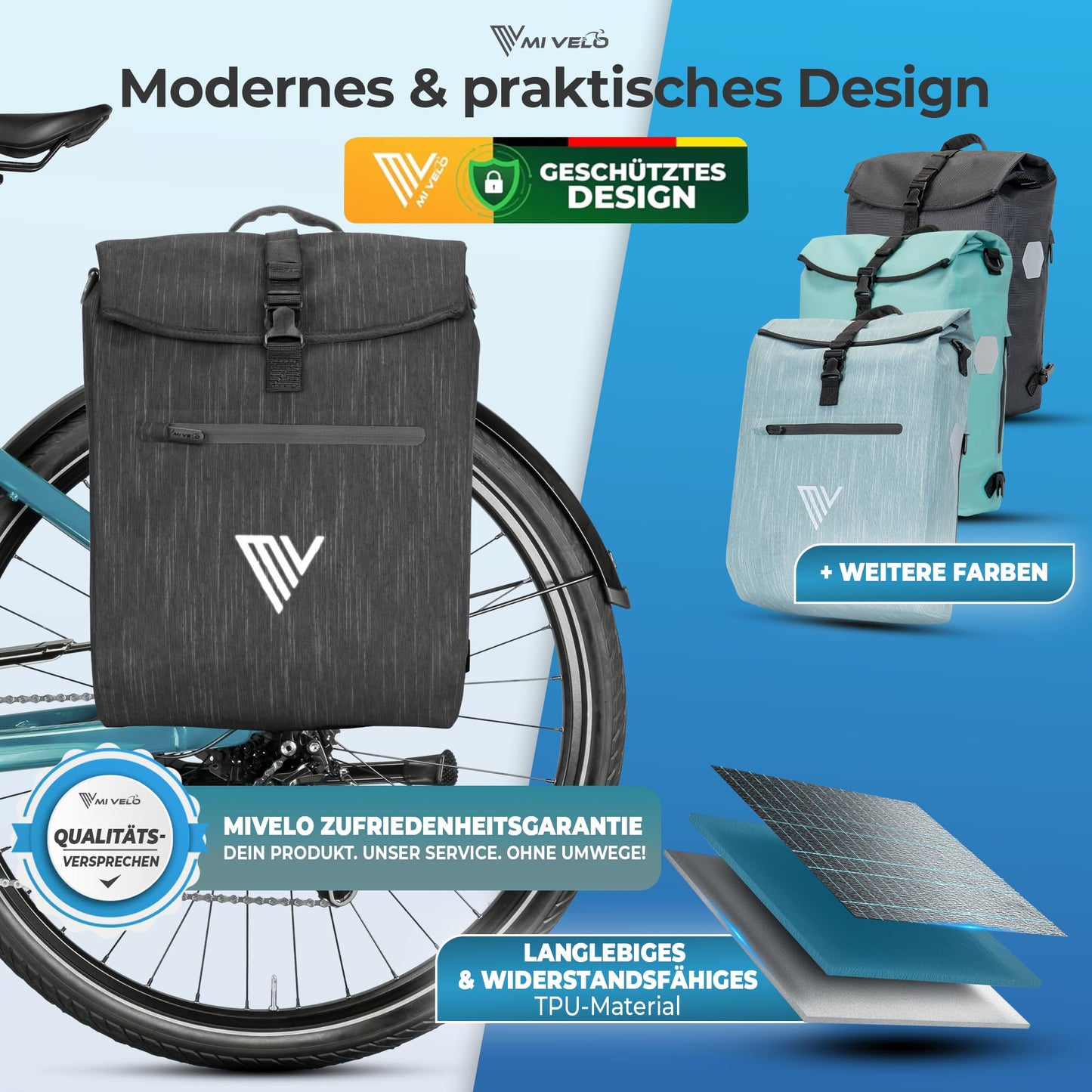 MIVELO - 3-in-1-Fahrradtasche – Wasserdicht – Gefüttertes Laptopfach – Reflektoren - 20 Liter - Graphitfarben