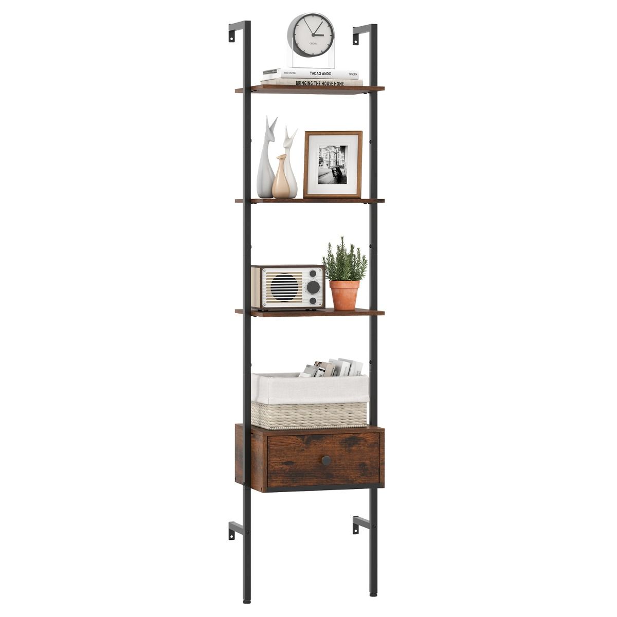 Coast Leiterregal mit Schublade – 5 Ebenen – Metallgestell – rustikales Braun und Schwarz