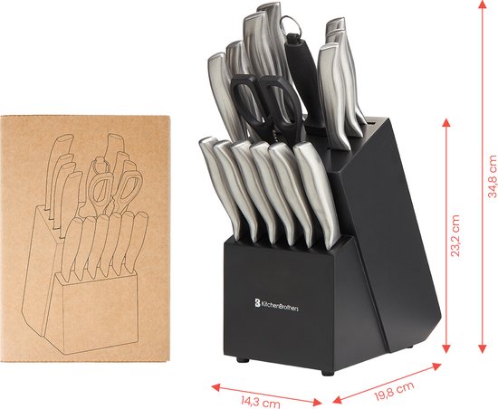 KitchenBrothers Messerset - Messerblock - 16-teilig - mit Schere und Wetzstahl - Silber/Edelstahl