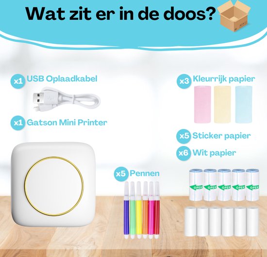 Gatson Mini-Drucker - Inklusive 14 Rollen Papier (Sticker, Normal & Farbe) + 5 Stifte - Mini-Drucker für das Handy - Pocket-Drucker - Mobiler Fotodrucker