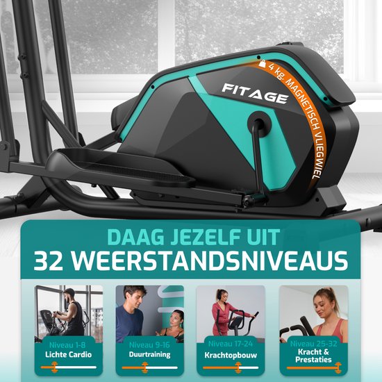 FITAGE Crosstrainer Low Noise - Crosstrainer mit Bluetooth Kinomap & Zwift - Fitnesstrainer mit 24 Trainingsprogrammen - Präziser Herzfrequenzmesser