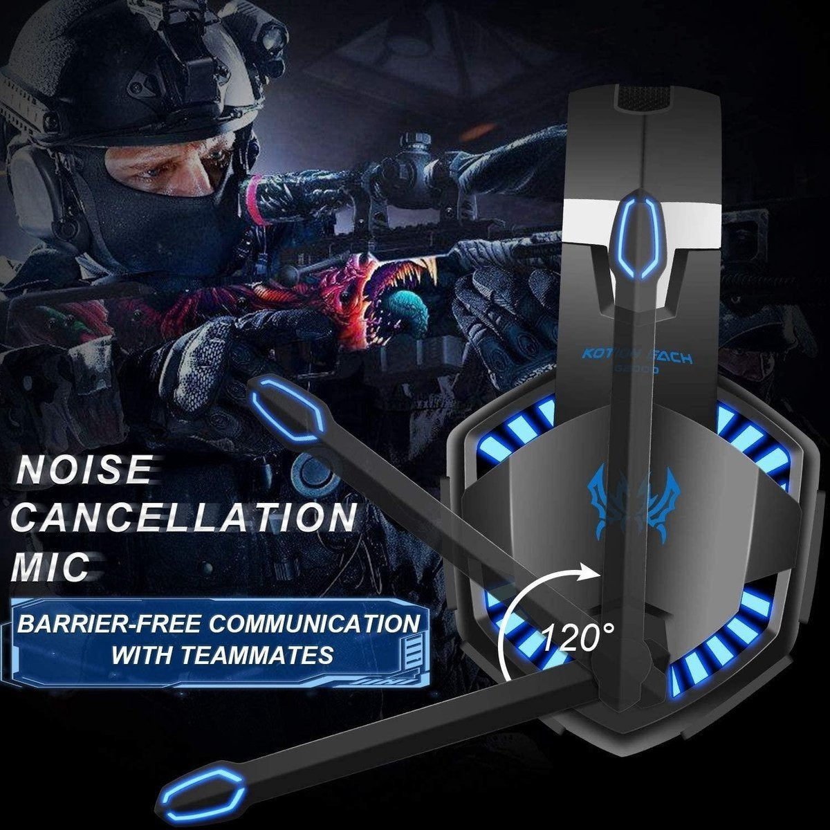 KOTION EACH G2000 Gaming Headset - Schwarz/Blau - Geeignet für PS5, Xbox Series X, Windows & Switch