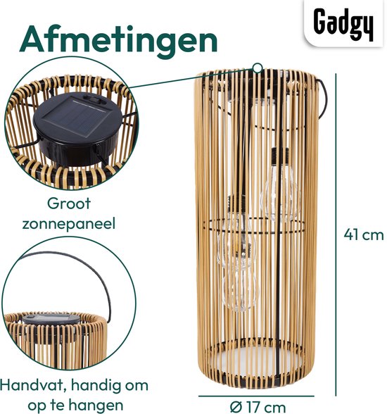 Gadgy Solar-Gartenbeleuchtung mit Solarenergie – Rattan-Laterne für den Außenbereich – Hängeleuchte oder Tischlampe – Spritzwassergeschützt – Stimmungsbeleuchtung für Garten, Balkon oder Terrasse – Braun – Ø 17 x 41 cm – Tag-/Nacht-Sensor