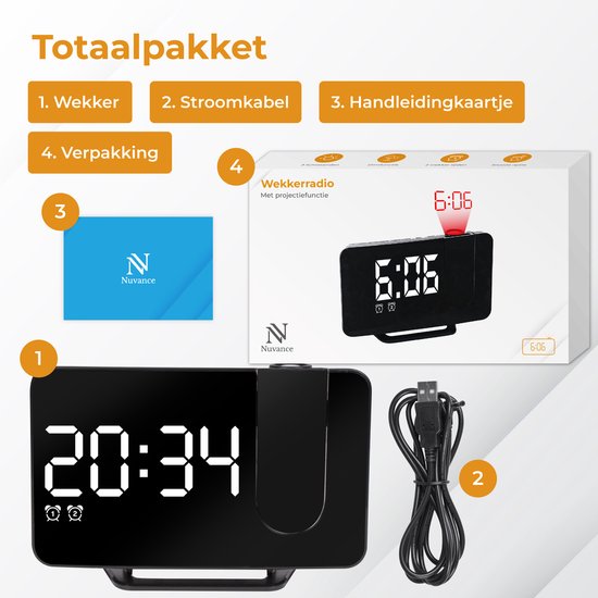 Nuvance Radiowecker – Digitaler Wecker mit Projektion – Radiowecker – 2 Weckzeiten – Digitale Wecker – Radiowecker mit Netzstrom