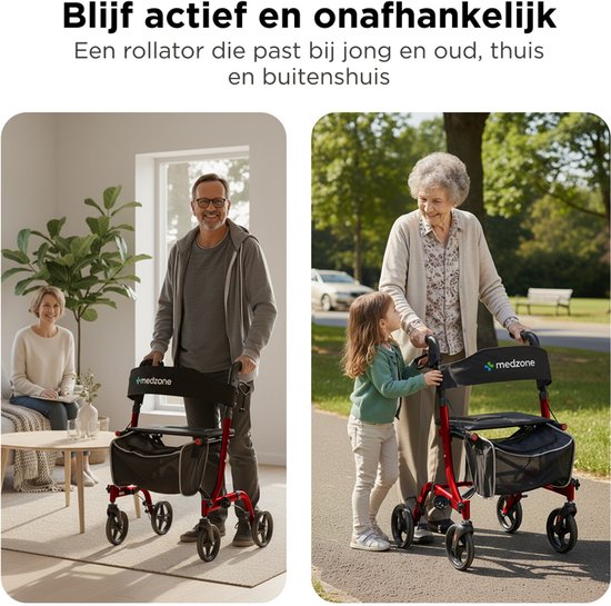 Medzone Rollator leicht und faltbar - Sitzfunktion - für drinnen und draußen - Rückenlehne und Gehstockhalterung - Champagner - Rot