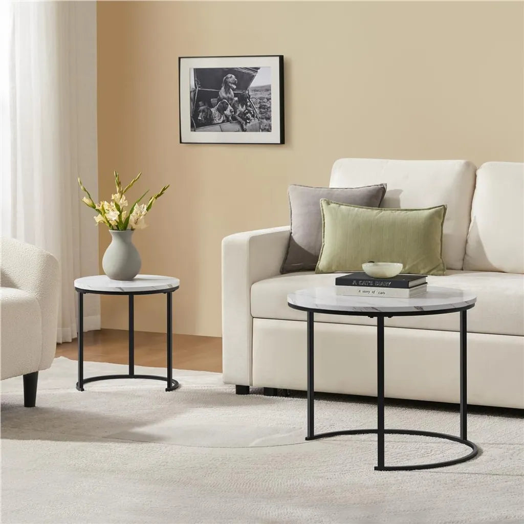 Yaheetech Couchtisch-Set, 2er-Set – Weiß – Rund – Ø 60 x 50,5 cm und Ø 40 x 41,5 cm