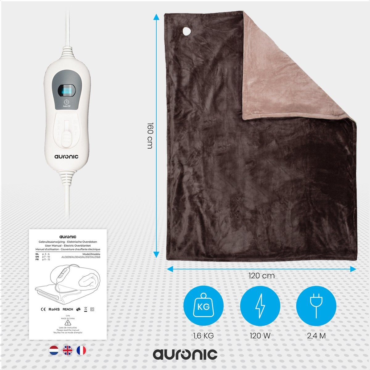 Auronic Elektrische Wärmedecke - 1 Person - 3 Stufen - mit Timer - 160 x 120cm - Braun