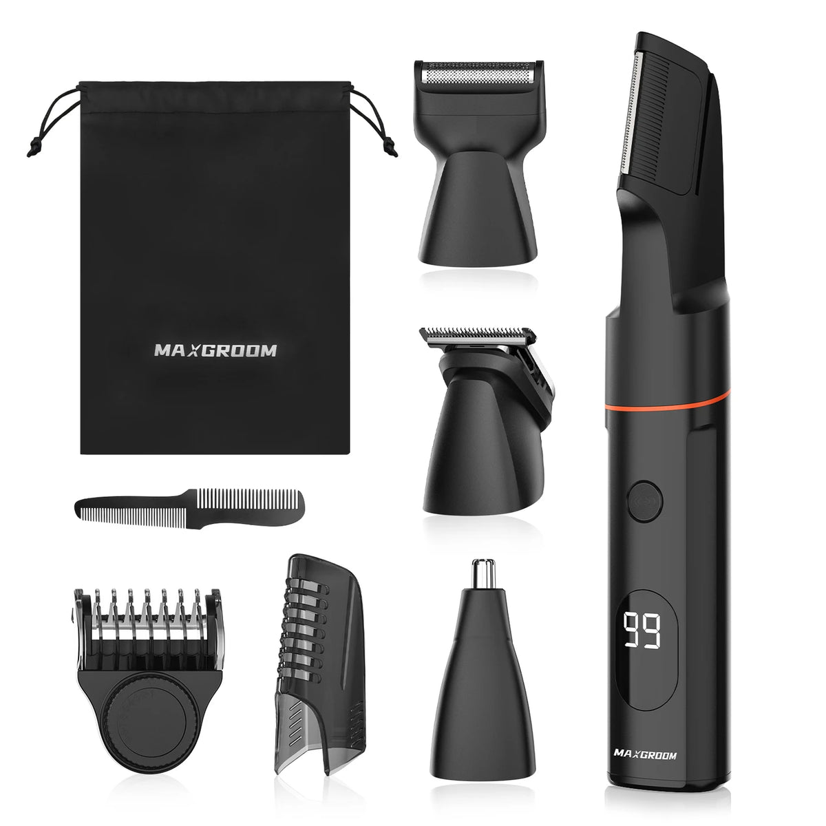 MAXGROOM 7-in-1-Körpertrimmer – kabellos – 1–9 mm – IPX6 wasserdicht – 90 Min. – LED-Anzeige – magnetische Aufsätze