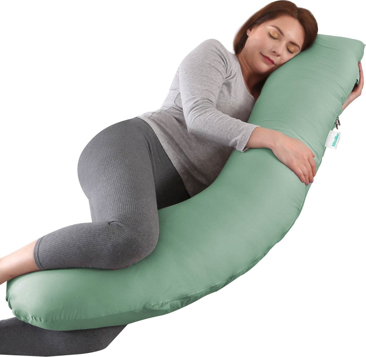 LitolloÂ¬Ã† Umstandskissen (J-Form) - Seidenkissen - Stillkissen - Körperkissen - 145cm - Abnehmbarer Bezug - Olivgrün