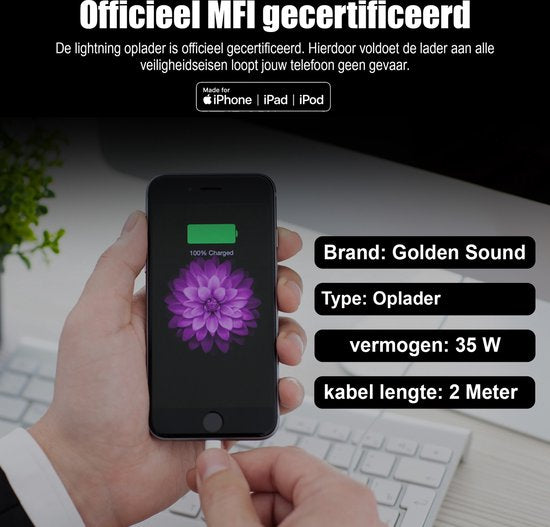 Golden Sound 35W Original Super Fast Charger - Lightning Ladegerät geeignet für Iphone - Ladegerät - 2 Meter mit Ladestecker
