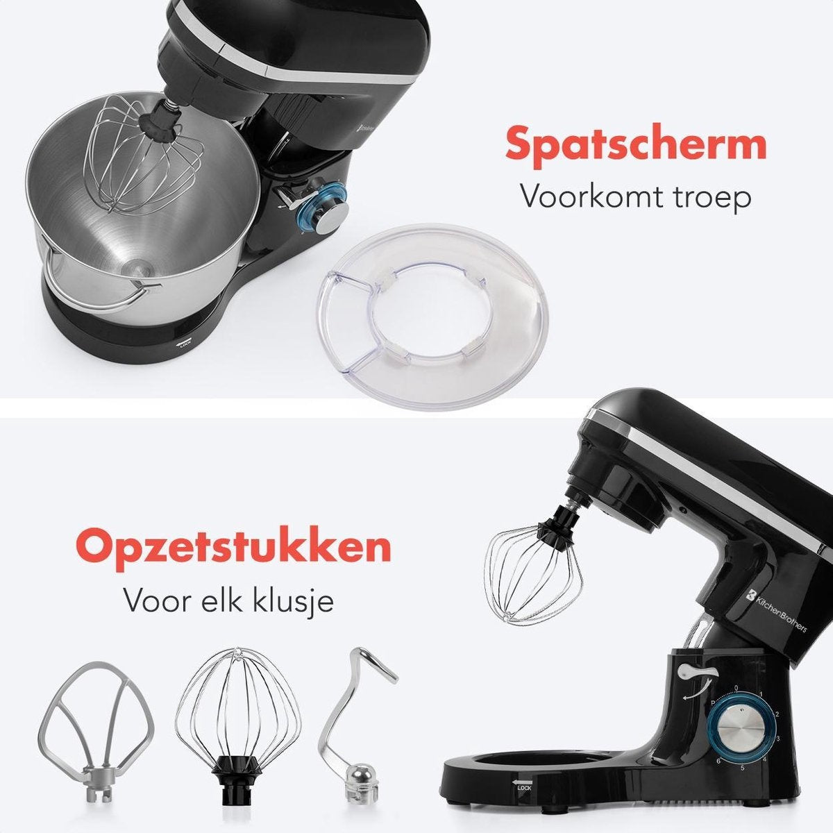 KitchenBrothers Küchenmaschine & Küchenmixer - Inkl. Rührschüssel - 1400 W - 38,7 x 23,8 x 31,4 cm - Schwarz