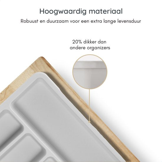 Deleca Ausziehbarer Besteckkasten mit 8 Fächern - Besteckschubladenorganisation - Küchenschubladenbesteckorganisation - Besteckhalter Küche - 57 x 38 cm - Kunststoff / Weiß Grau