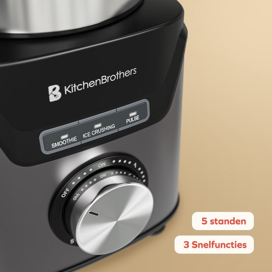 KitchenBrothers Mixer mit Trinkflasche - 1200W - 1.5L - Smoothie Maker - Eiszerkleinerer - Grau