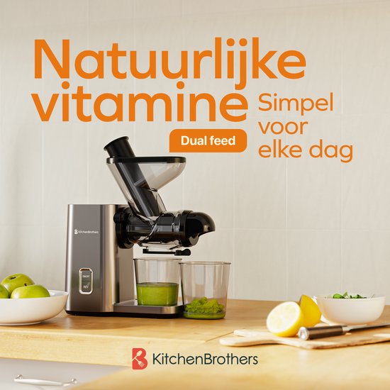 KitchenBrothers Slowjuicer - Mini-Entsafter - Gemüse- und Obstpresse - 40 mm und 50 mm Einfüllöffnung - 400 ml - Grau