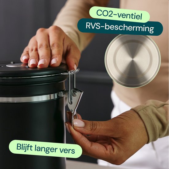 Castagnola Kaffeevorratsbehälter 1,8L - Mattschwarz - Luftdicht mit CO2-Auslass - 600 Gramm - 12,5 x 12,5 x 19 cm