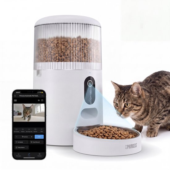 Princess Automatischer Fressnapf – HD-Kamera & Smart – 4 Liter – Katze & Hund – App-Steuerung – Geplante Fütterung – Edelstahlschüssel – Pufferbatterie – Futterautomat – Futterspender – 610045