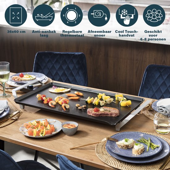 Princess Griddle 103120 - Table Chef Premium - Griddle - Gourmet - Large 60x36 cm - 2500W - Einstellbarer Thermostat - 1,5 Meter Kabel - Teppanyaki - Doppeltes Heizelement - Extra schnelle Aufheizung