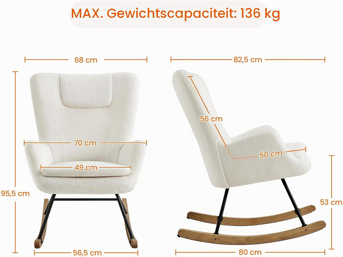 Yaheetech Schaukelstuhl Boucle Weiß mit klappbarer Rückenlehne – 82,5 x 70 x 95,5 cm