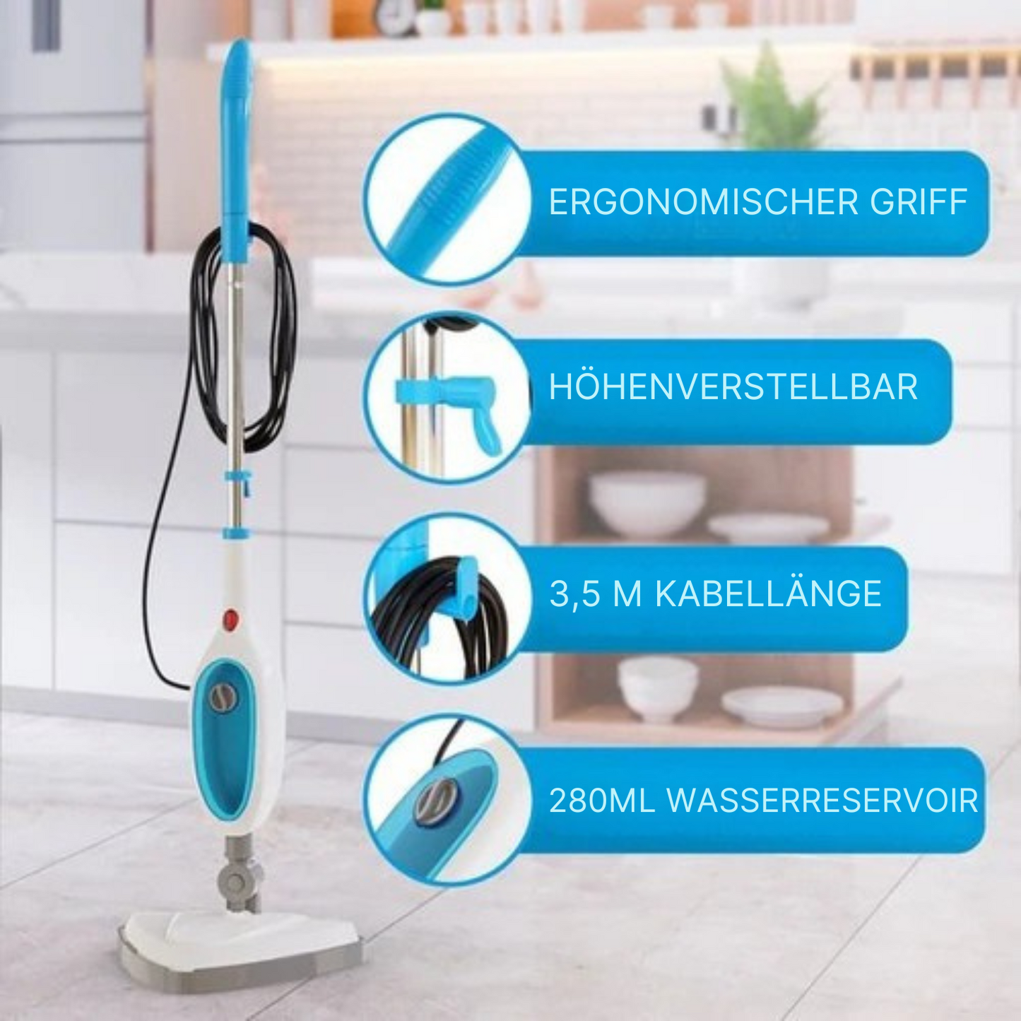 Strex - 12 in 1 Dampfreiniger/ Teppichreiniger/ Fleckenreiniger - entfernt 99,9% der Bakterien - 1200W - 350ml - Weiß