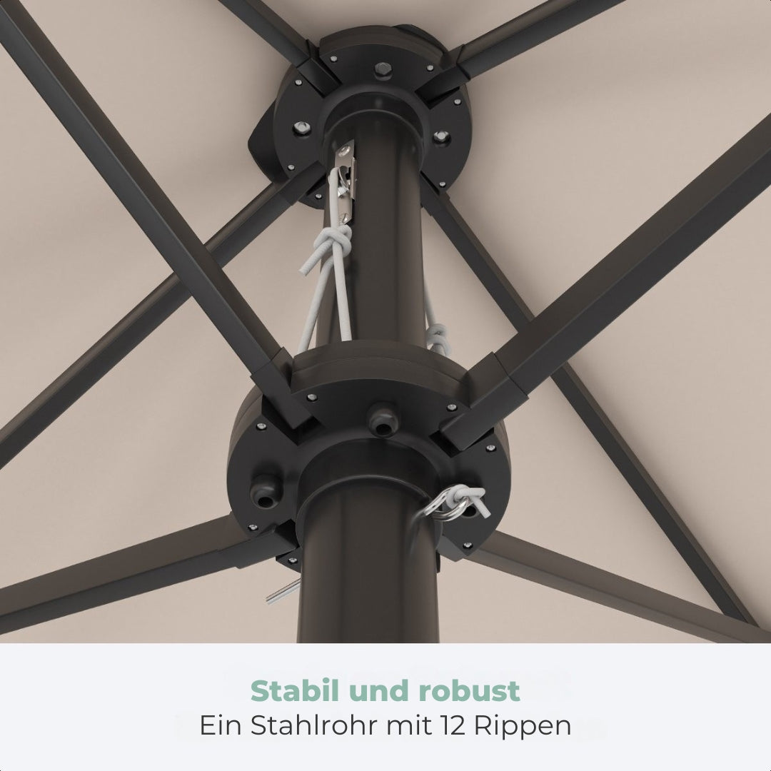 LifeGoods Doppelter Sonnenschirm - 270x460cm - Bis zu 15 Personen - Wasserdicht - Mit Bezug - Taupe