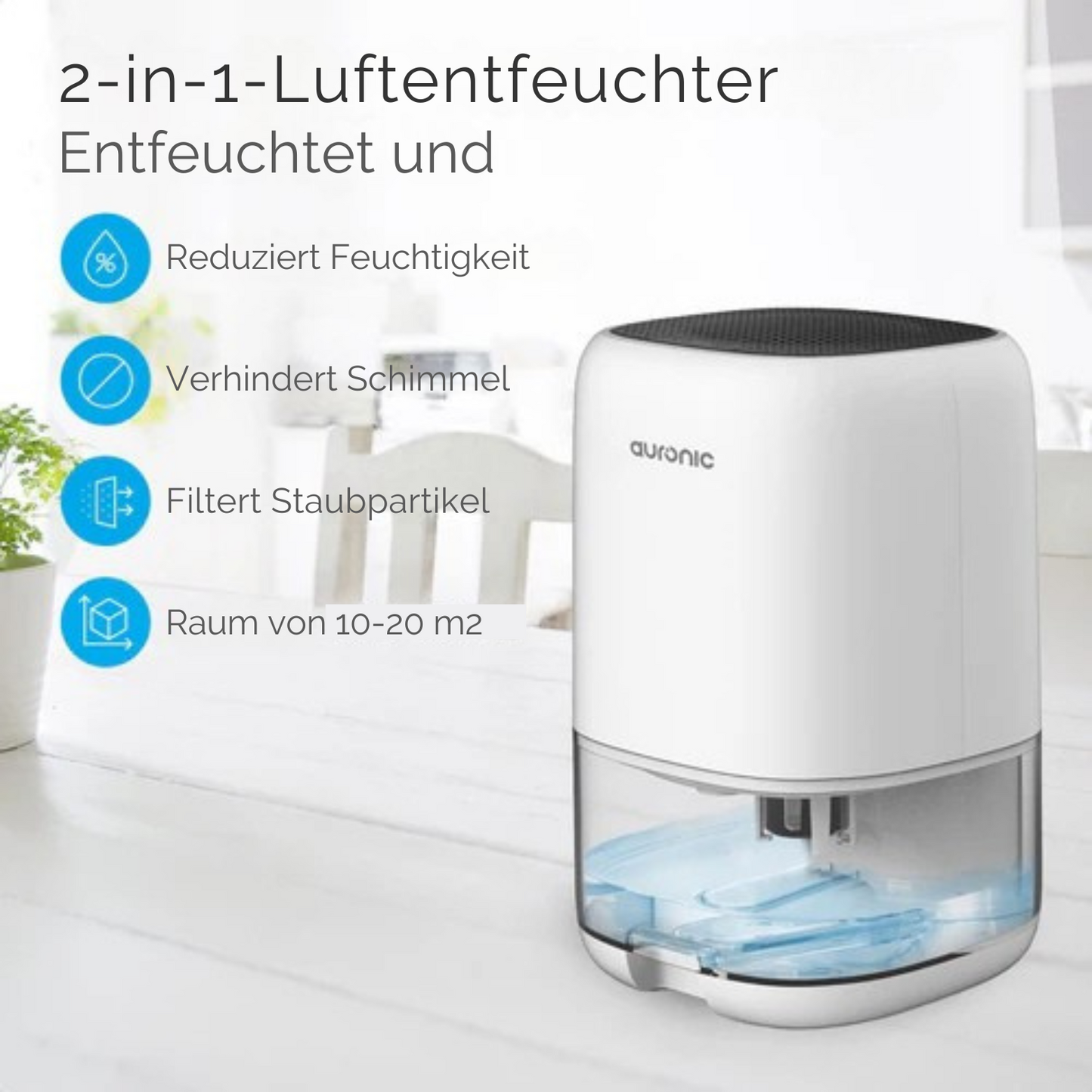 Auronic Luftentfeuchter - 450ml pro Tag - 40W - LED - Für Wohnzimmer/Schlafzimmer/Badezimmer - Weiß