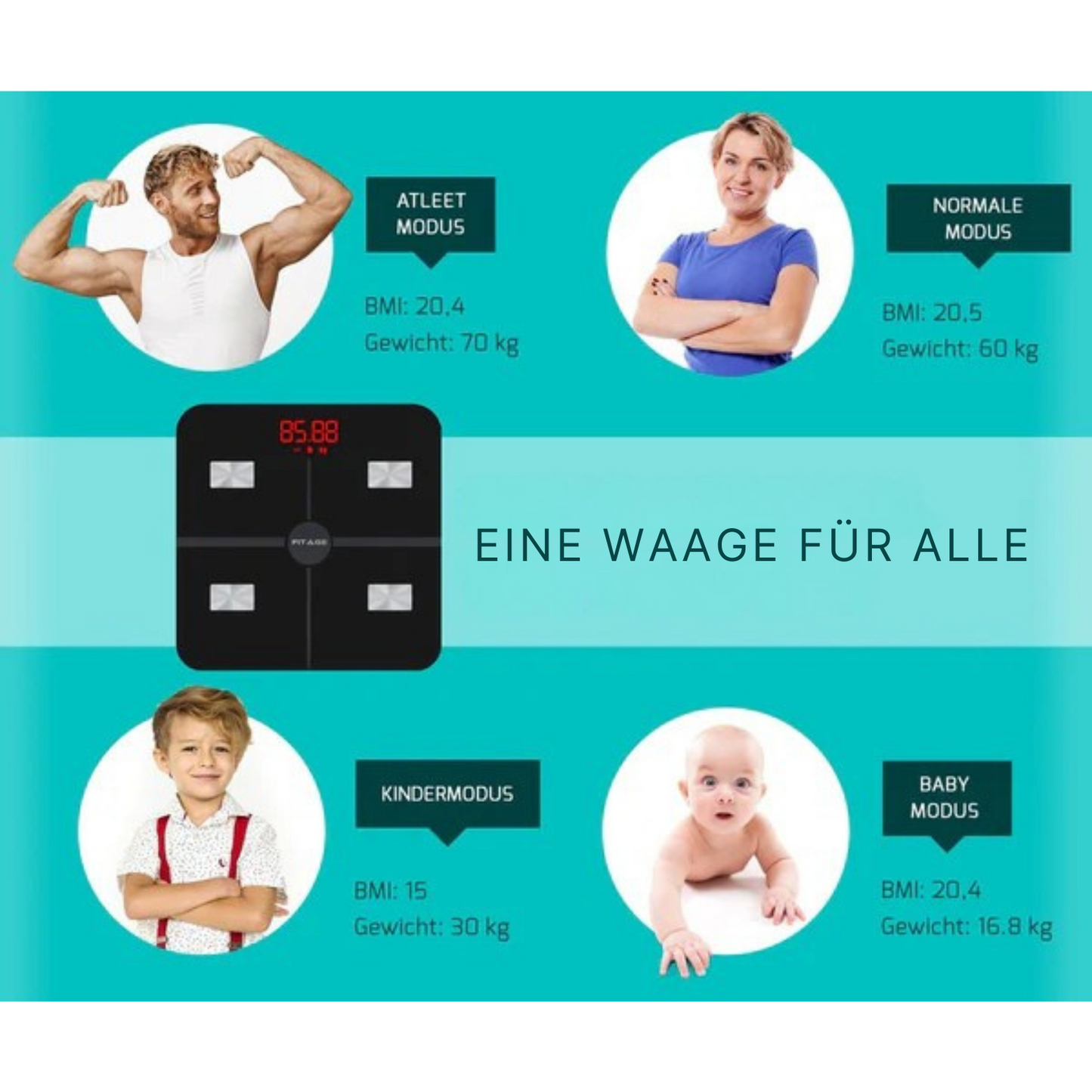 FITAGE Smart Waage - mit App - misst 17 Körperwerte - Schwarz