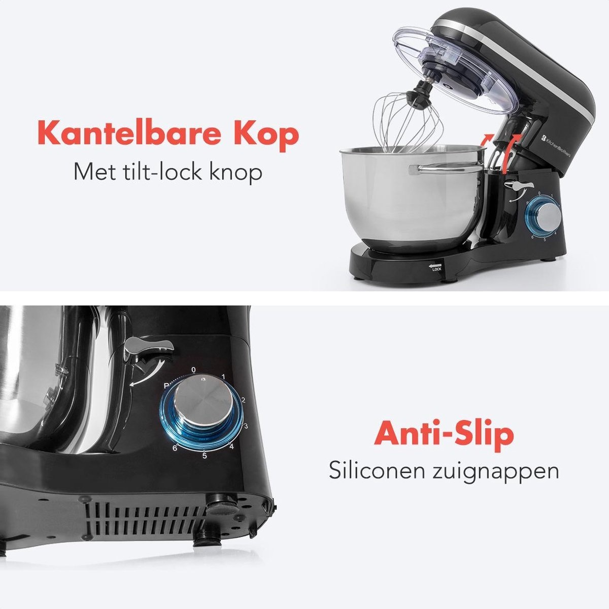 KitchenBrothers Küchenmaschine & Küchenmixer - Inkl. Rührschüssel - 1400 W - 38,7 x 23,8 x 31,4 cm - Schwarz