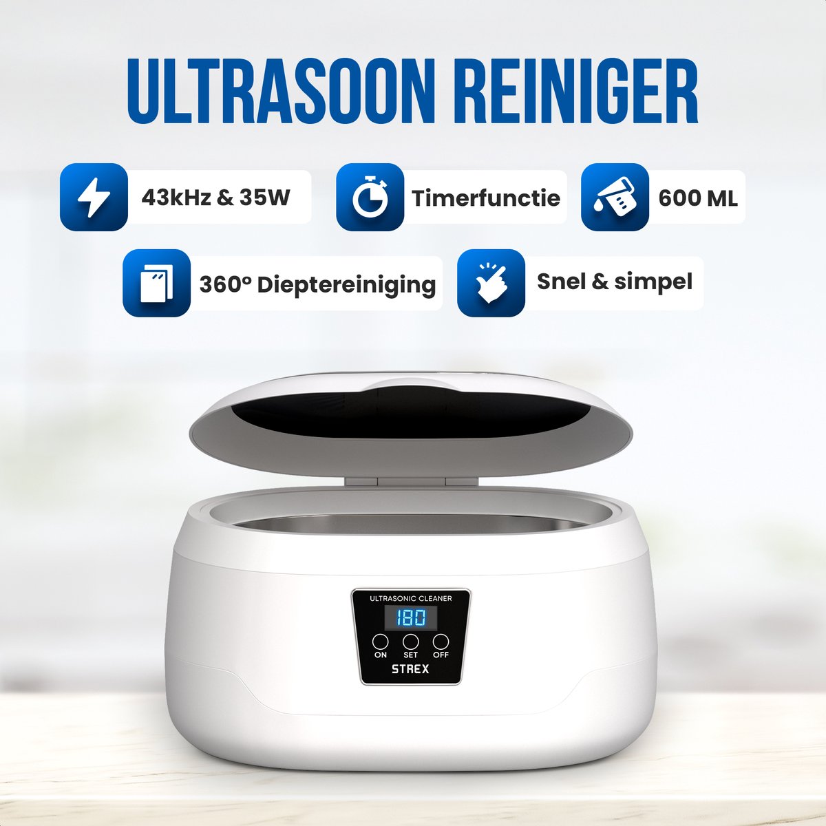 Strex Ultraschallreiniger 600ml - 360º - Ultraschallreiniger - Reinigungsgerät für Gläser/Schmuck/Uhren/Münzen