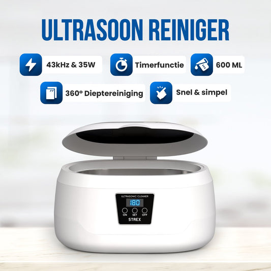 Strex Ultraschallreiniger 600ml - 360º - Ultraschallreiniger - Reinigungsgerät für Gläser/Schmuck/Uhren/Münzen