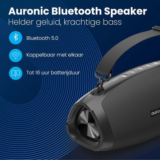 Auronic Boombox - Extra Bass - Bluetooth-Lautsprecher - Kabellos - USB-, AUX- und SD-Kartenanschluss - Schwarz