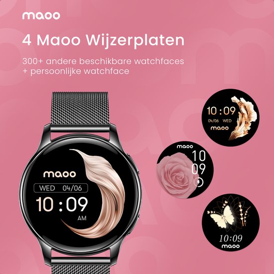 Maoo Ventura AMOLED Smartwatch Damen - Edelstahl und 3x Silikonband - Schrittzähler - Herzfrequenzmesser - Schlafüberwachung - Multisport - Geeignet für Android und iOS - Schwarz