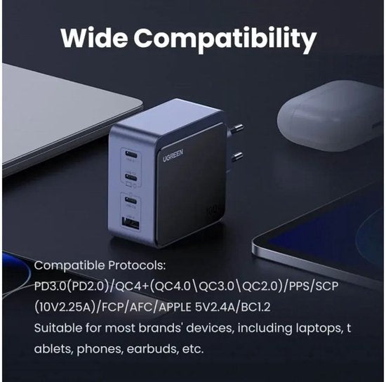 Ugreen Nexode S 100 W 4-Port-GaN-Schnellladegerät EU grau Mobilcomputer, Mobiltelefon, Laptop, Powerbank, Tablet Grau Netzteil für den Innenbereich
