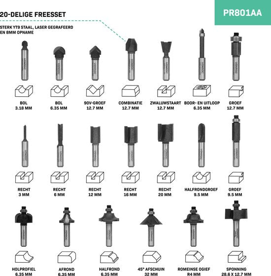 VONROC Oberfrässet / Top Frässet - Top Qualität YT9 Stahl - 8mm Werkzeughalter | 20 Stück im Deluxe Koffer