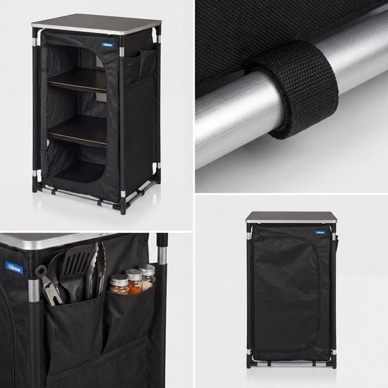 Tristar Klappbarer Camping-Schrank – Aluminiumrahmen – 3 Ebenen – Verstellbare Füße – Seitentaschen – Inklusive Tragetasche – Schwarz - CU-0809