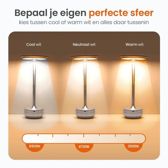 Goliving Tischlampe Wiederaufladbar - Kabellos und dimmbar - Moderne Touch-Lampe - Nachtlampe für das Schlafzimmer - Spritzwassergeschützt - 27 cm - Silber