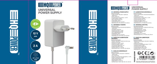 HQ-Power Universalnetzteil, für IT-Geräte, 12 VDC, 2 A, 24 W, 5,5 x 2,1 mm DC-Stecker, weiß