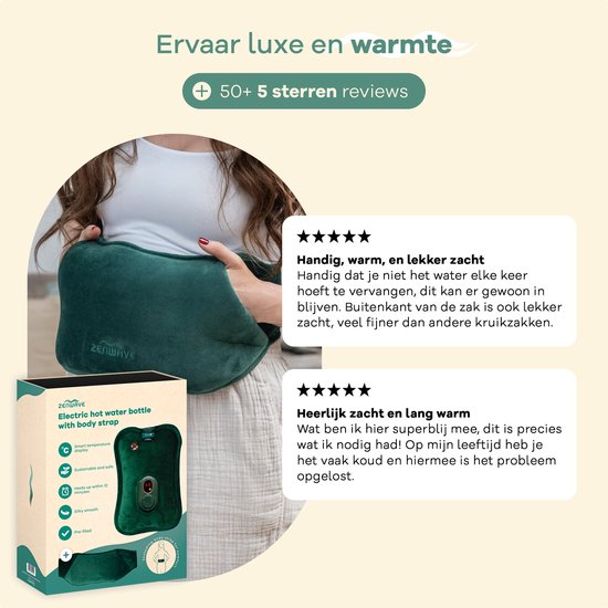 Zenwave Elektrische Wärmflasche mit Hülle – Digitalanzeige – Wärmflasche & Wasserflasche mit Handwärmern – Wiederaufladbares Wärmekissen – Menstruations-Wärmeband – Langlebig & kabellos – Camping & Outdoor – Wärmflasche, grün