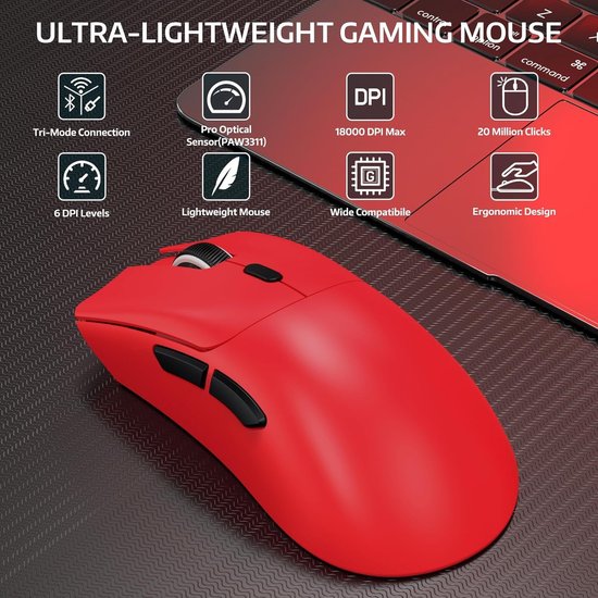 ATTACK SHARK R1 Superlight Gaming Mouse 59g - Rot - 12,2 × 6,4 × 3,8 cm - Kabellos & kabelgebunden - Bis zu 18.000 DPI - 65 Stunden Batterielaufzeit