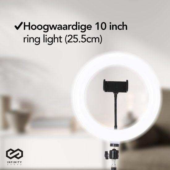 Infinity Goods Ringlicht mit Stativ - LED - 3 Farben - Verstellbares Stativ bis zu 186m - Inklusive Stecker - Selfie Ringlicht für Tiktok / Instagram / Youtube / Streaming / Arbeiten zu Hause - Schwarz