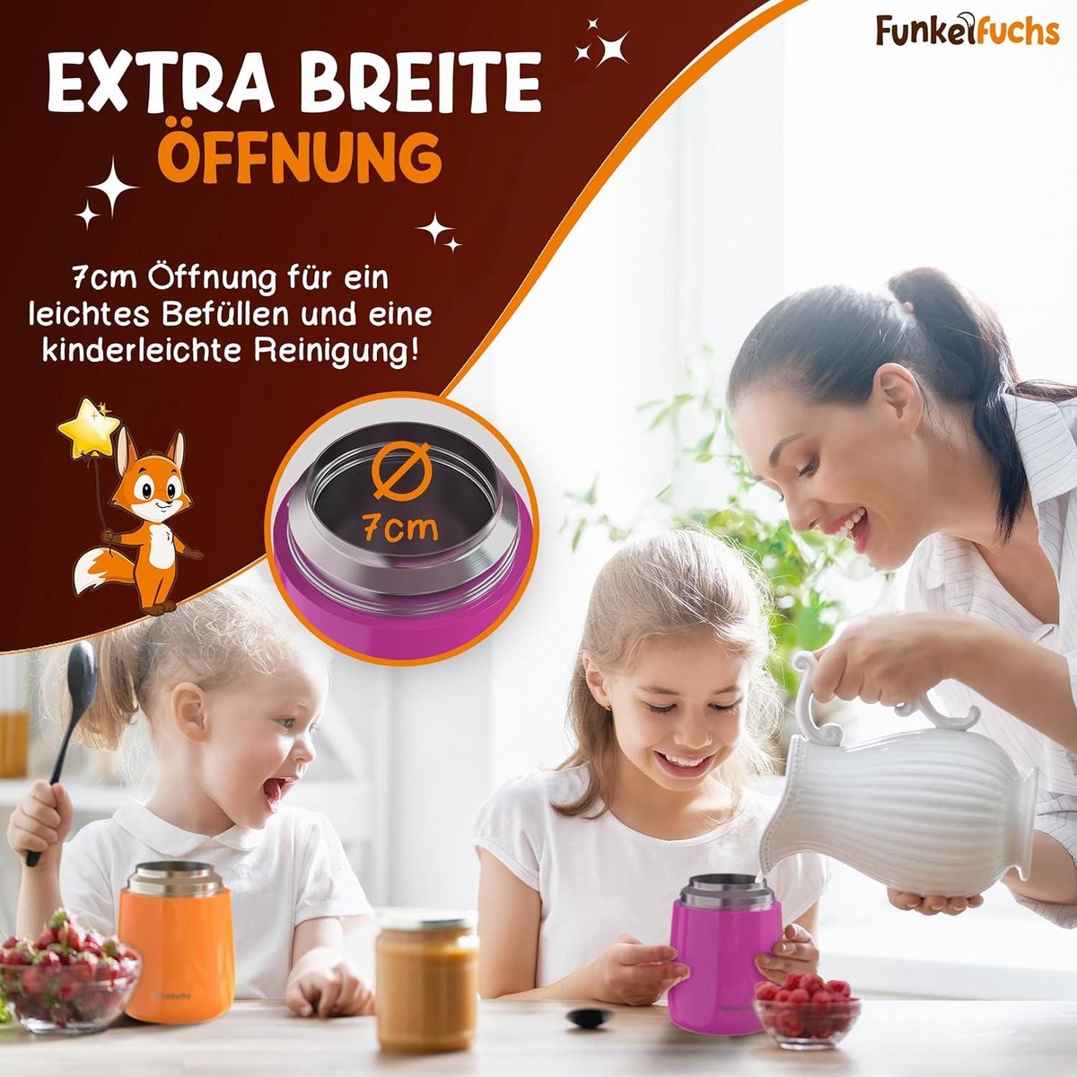 FUNKELFUCHS® - Thermobecher für Kinderkost - Essenswärmer aus Edelstahl - 500ml - 100% auslaufsicher - Rosa Einhorn
