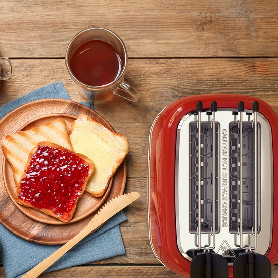 KitchenBrothers Toaster mit Toasty Clamps - Toaster - 6 Wärmestufen - Breite Schlitze - Toaster - 870W - Rot