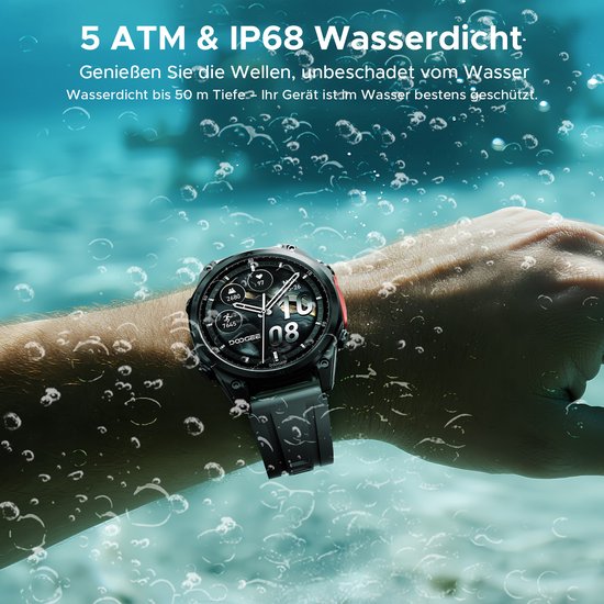 DOOGEE Anywise W1 Pro – Militär-Smartwatch – KI-Sprachsteuerung – 5 ATM – Dual-Band-GPS – Offline-Karten – 170 Sportmodi – 1,43 Zoll AMOLED – Fitness-Tracker – Anrufe tätigen und empfangen – 18 Tage besonders lange Akkulaufzeit – Taschenlampe – Kompatibel