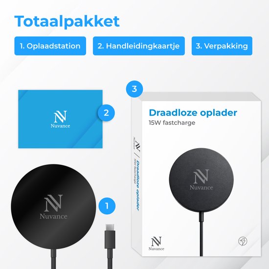 Nuvance Kabelloses Ladegerät 15 W – Kabelloses Ladegerät – Kompatibel mit MagSafe – USB-C – Schnellladegerät – Wireless Charger – Schwarz